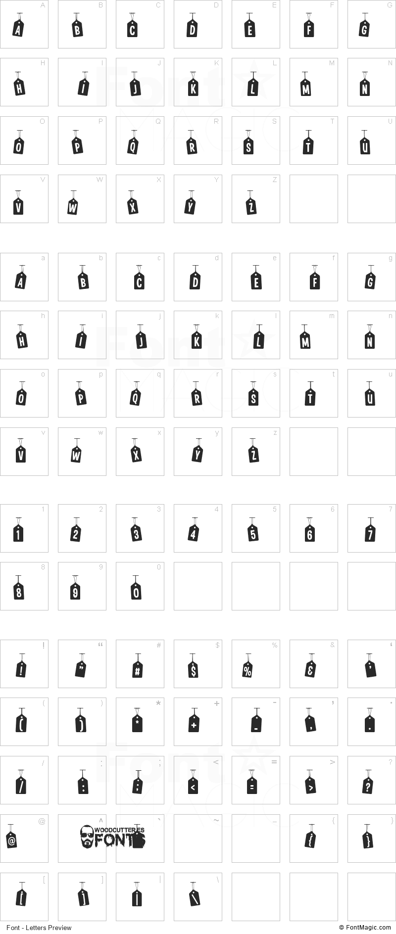 Woodcutter Tags on a Rope Font - All Latters Preview Chart